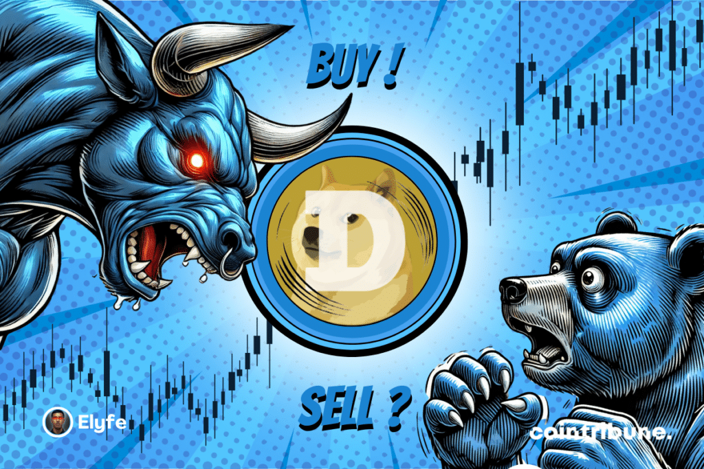 Doge logo on a blue or red background with a bear and a blue bull with an expressive look on either side. A graphic appears in the background.