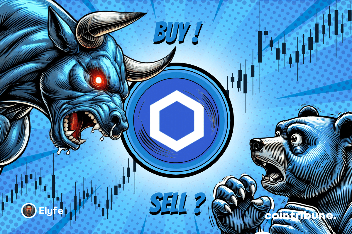 Logo Link fond bleu ou rouge avec de parts et d’autres un ours et un taureau bleu au regard expressif. En fond, un graphique apparaît.