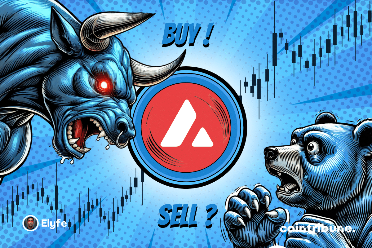 Logo Avax fond bleu ou rouge avec de parts et d’autres un ours et un taureau bleu au regard expressif. En fond, un graphique apparaît.