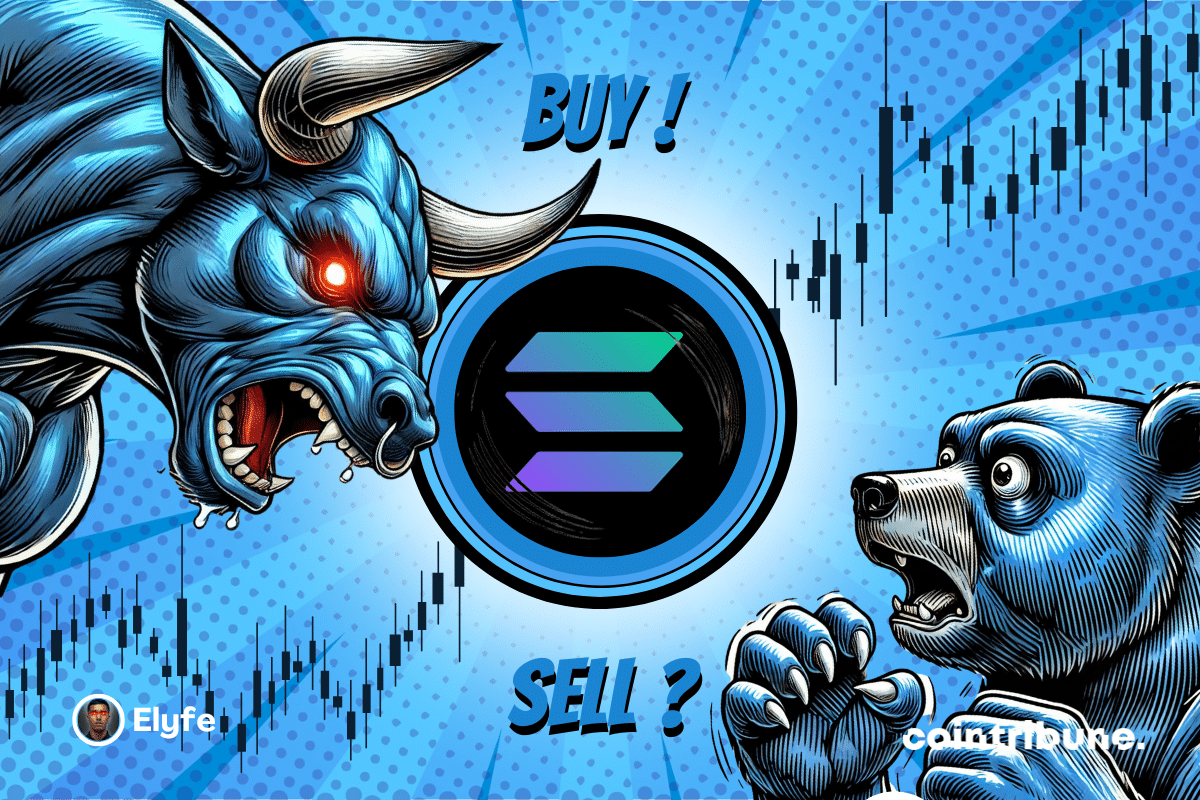 Logo SOL fond bleu ou rouge avec de parts et d’autres un ours et un taureau bleu au regard expressif. En fond, un graphique apparaît.
