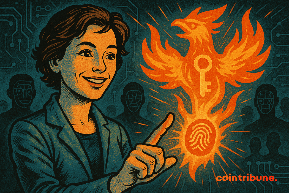 Une femme souriante active un symbole numérique lumineux en forme de phénix, affichant une clé et une empreinte digitale, représentant l’identité biométrique dans un monde Web3.