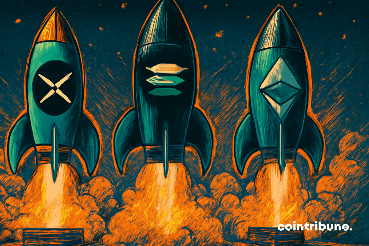 Trois fusées avec les logos XRP, Solana et Ethereum prêtes à être lancées dans un style bande dessinée rétro.