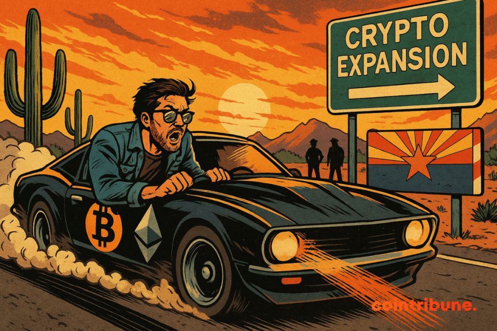 Une voiture à thème crypto s'arrête brusquement sur une route du désert de l'Arizona au coucher du soleil.
