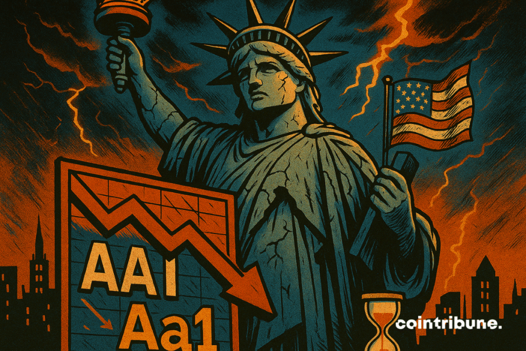 Desolation around the Statue of Liberty: shattered, it is flanked by a screen reflecting an AA1 sovereignty rank for the USA.