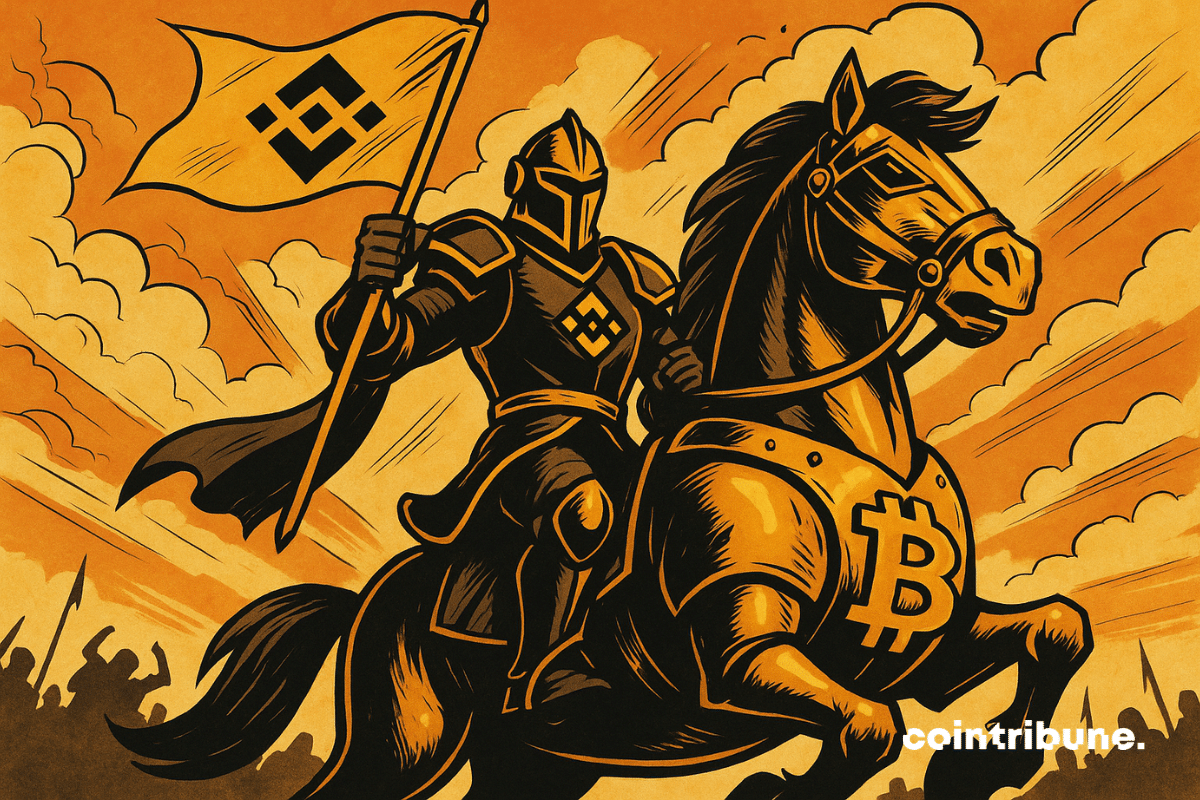 Caballero ondeando una bandera de Binance en una montura de Bitcoin