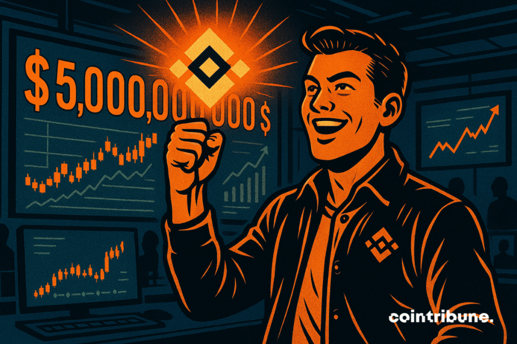 Young trader showing a victory gesture with a Binance logo and a board displaying the figure 5 billion dollars by his side.