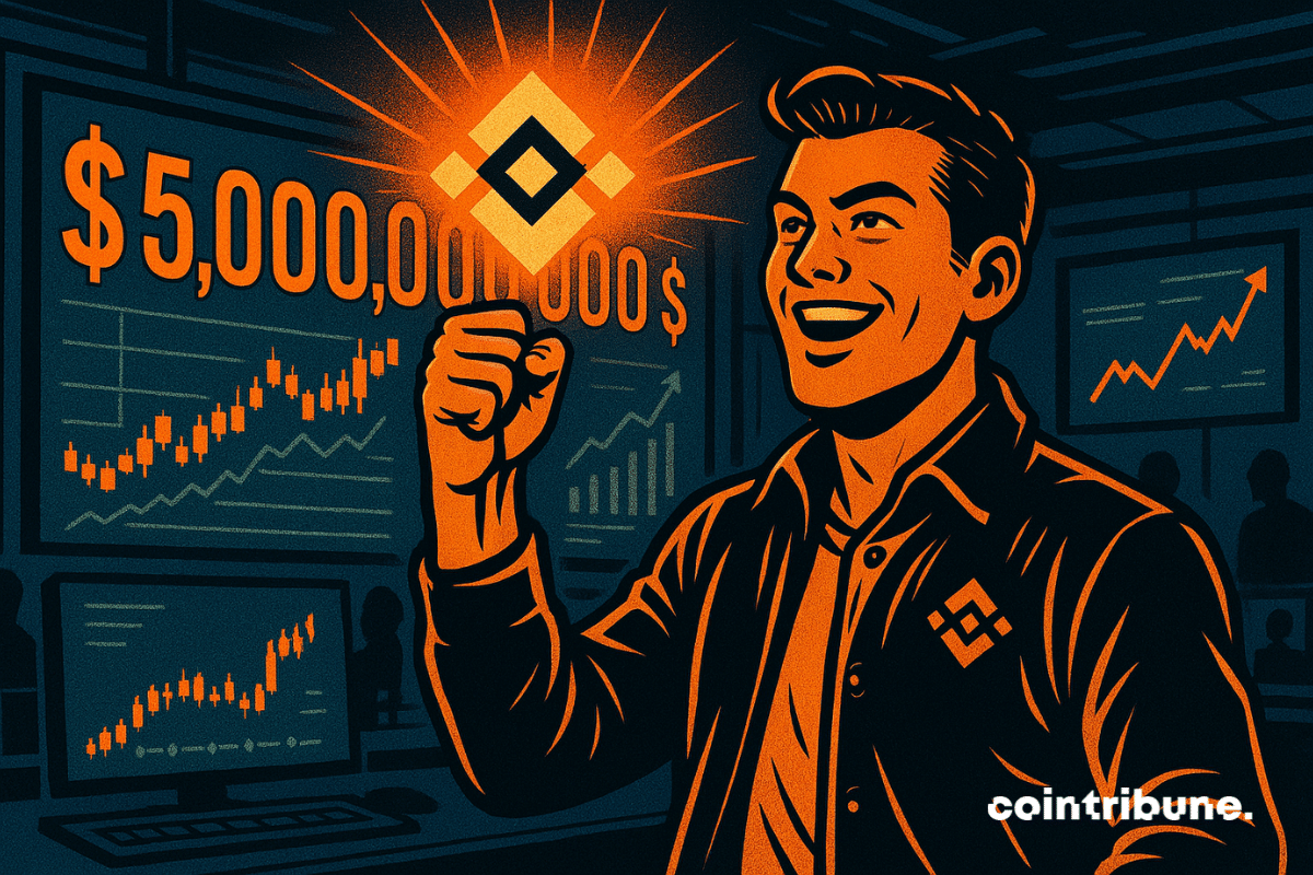 Jovem comerciante fazendo um gesto de vitória com o logotipo da Binance e um quadro exibindo a cifra de US$ 5 bilhões ao seu lado
