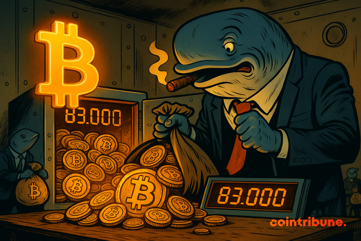 Baleine rangeant des pièces de bitcoin dans son coffre