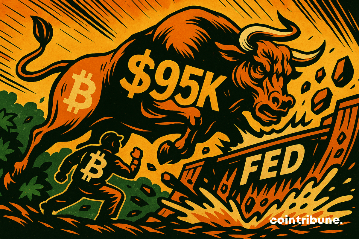 Touro pulando uma barreira do FED com o preço de US$ 95.000 do bitcoin gravado nela