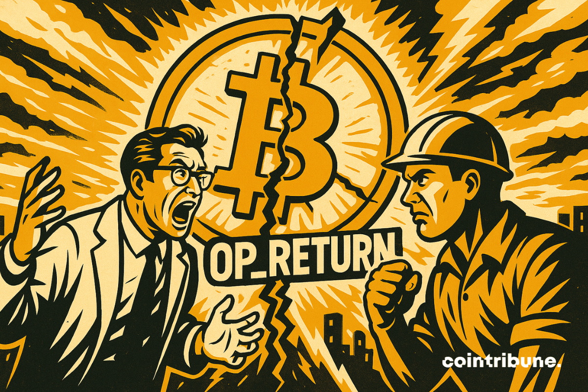 Illustration showing a scene of division between Bitcoin players