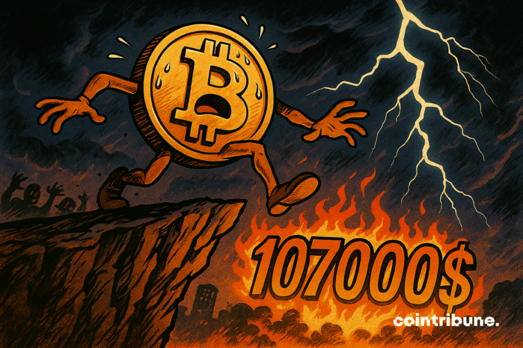 Pièce de bitcoin anthropomorphe, au bord d'une falaise où est gravé le chiffre 107 000 $