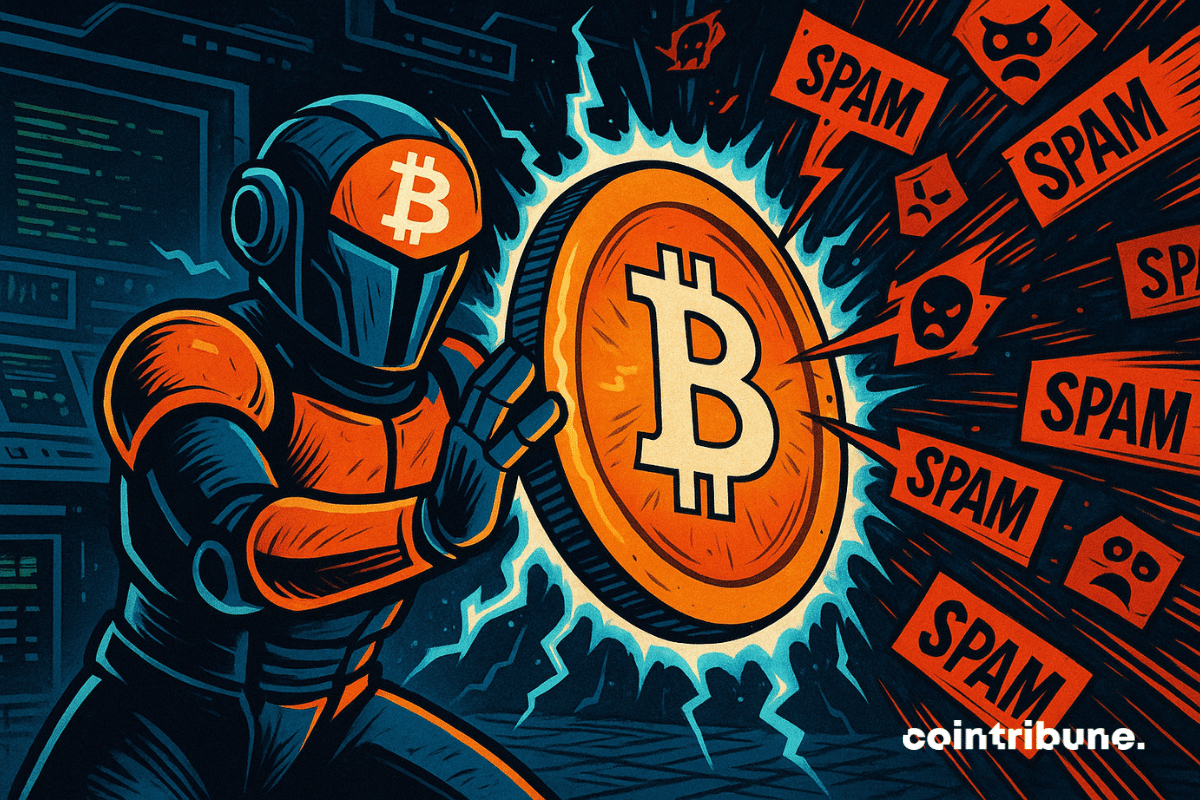 Illustration of the Bitcoin guardian protecting the network from spam