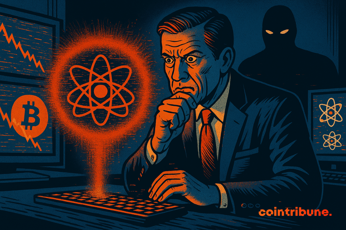Individu représentant BlackRock fixant un hologramme quantique flottant devant lui