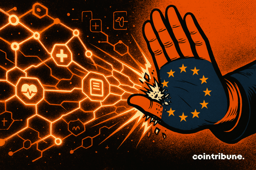 Digital data flows blocked by a hand stamped with the EU flag