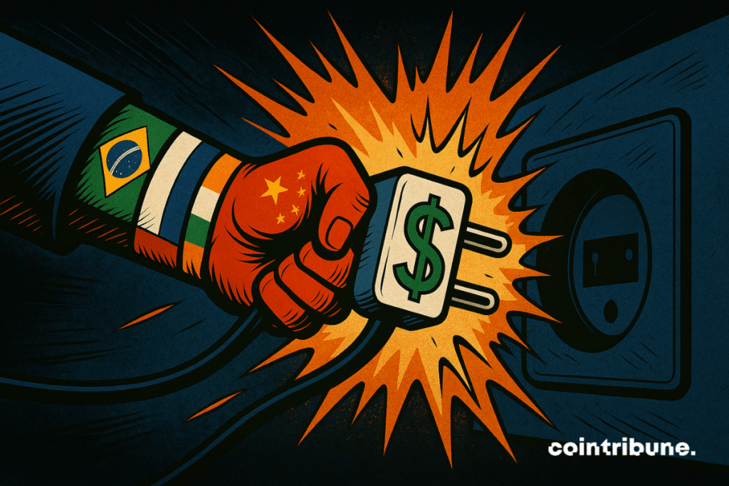 Une main collective (formée des drapeaux des BRICS) arrache une prise géante marquée "$" ce qui symbolise le désengagement des actifs US.
