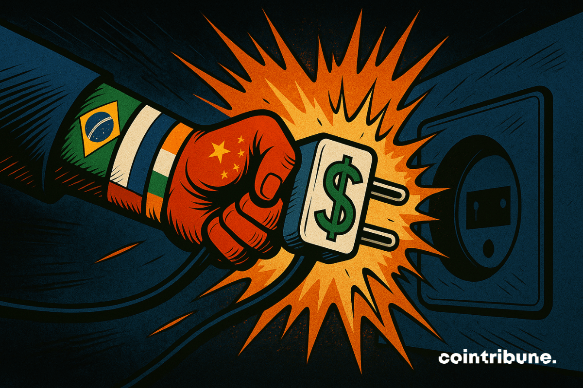 Une main collective (formée des drapeaux des BRICS) arrache une prise géante marquée "$" ce qui symbolise le désengagement des actifs US.