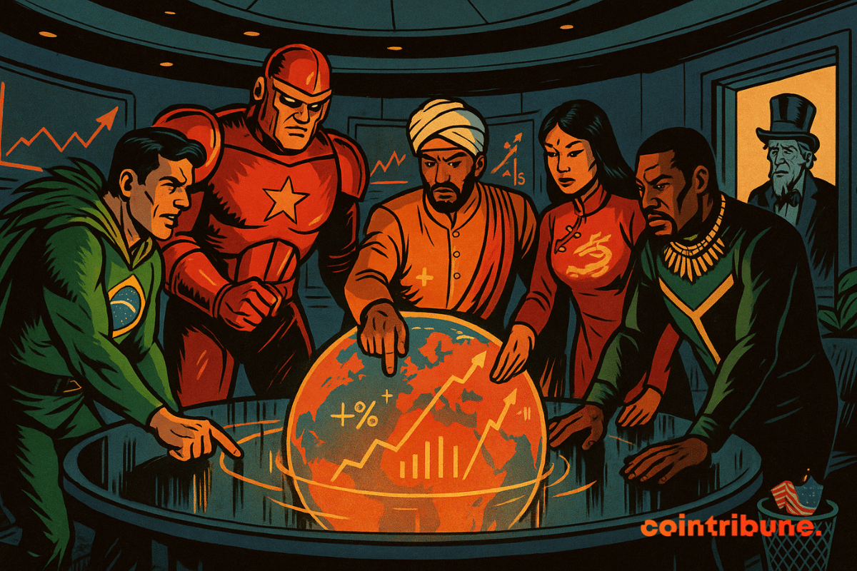 Cinq figures inspirées de super-héros, chacun représentant un pays BRICS, penchés autour d’un globe flottant au centre de la table, chacun pointant ou touchant une région du globe comme en pleine planification stratégique en vue d'atteindre les perspectives de croissance du FMI.