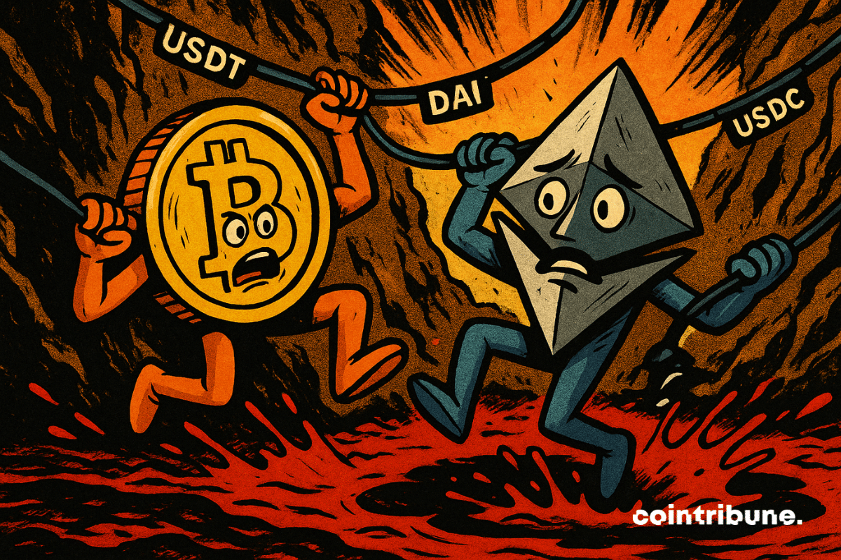 Bitcoin e Ethereum ameaçados de queda por excesso de alavancagem através de empréstimos de stablecoins.