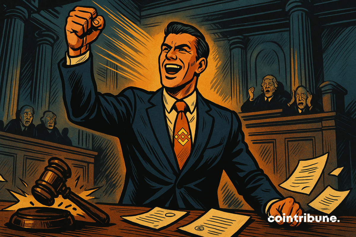 The victorious fist of Binance’s representative in the courtroom during the Bitcoin SV case.