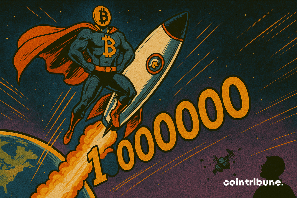 Bitcoin personificado en un cohete lanzado