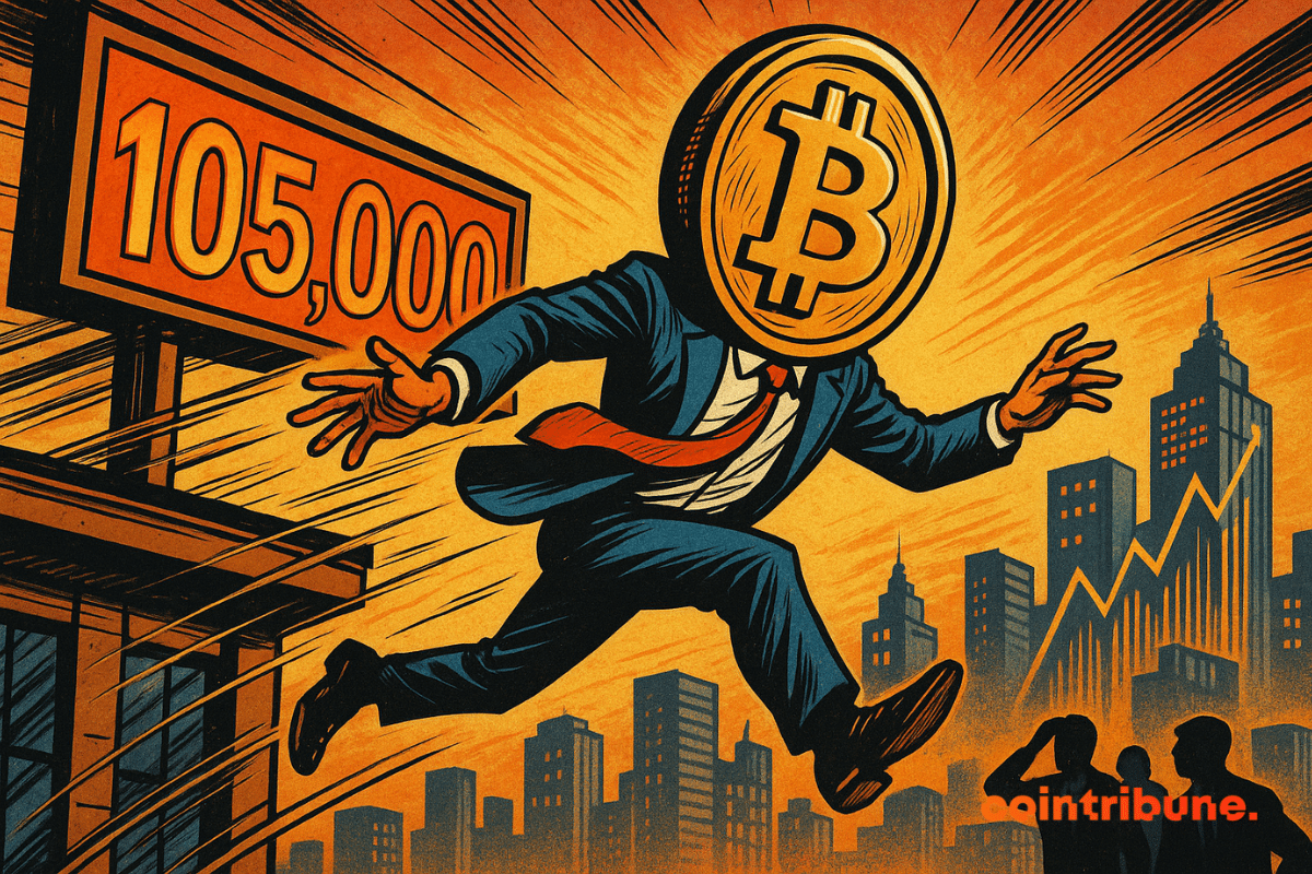 A imagem mostra uma figura humanoide com uma cabeça de moeda do Bitcoin, vestida com um terno, pulando de um arranha-céu.