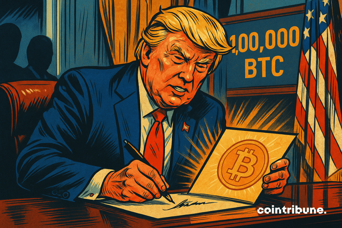 Ilustración de Donald Trump firmando la Ley Bitcoin