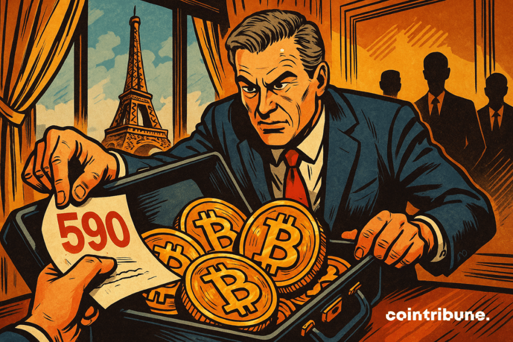 A determined-looking French businessman opens a briefcase filled with golden Bitcoin coins.