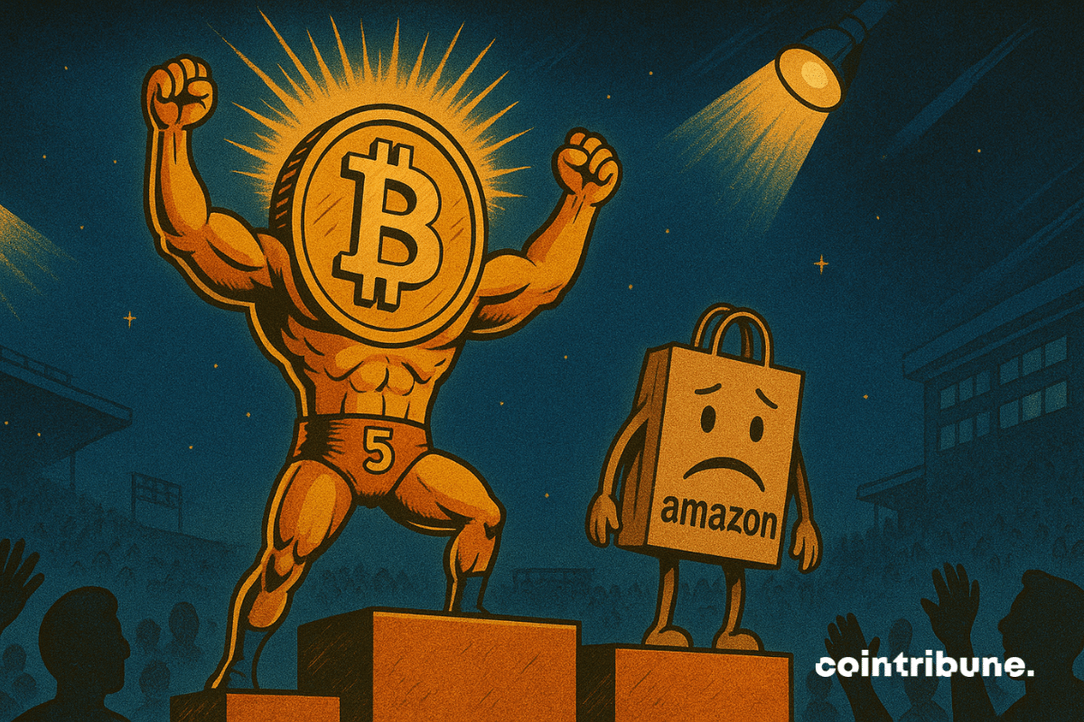 Un Bitcoin personnifié dépasse Amazon sur le podium.