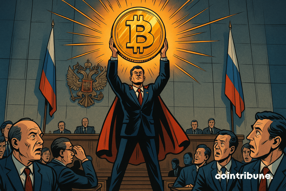 Un haut fonctionnaire de la Banque centrale de Russie, costume bleu foncé impeccable, debout bras levés, tenant au-dessus de sa tête une gigantesque pièce Bitcoin dorée.