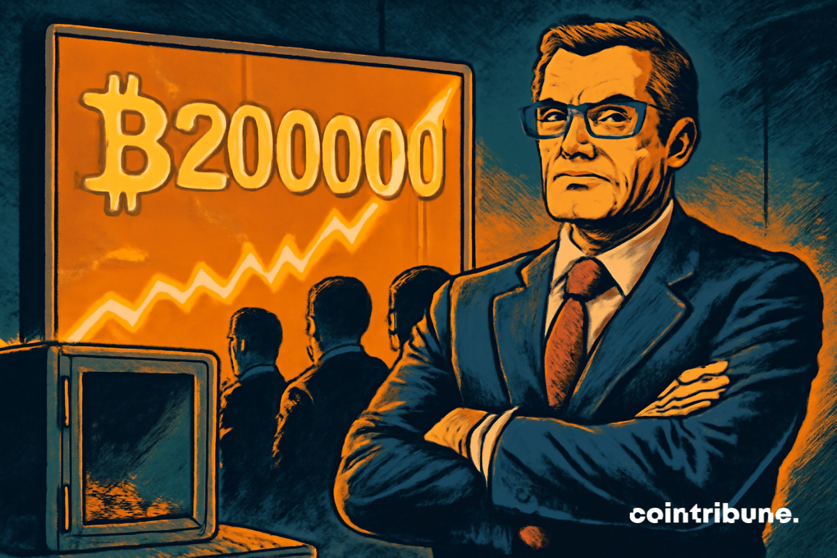 Ilustração de um gerente em pé diante de uma tela brilhante exibindo "₿200000"