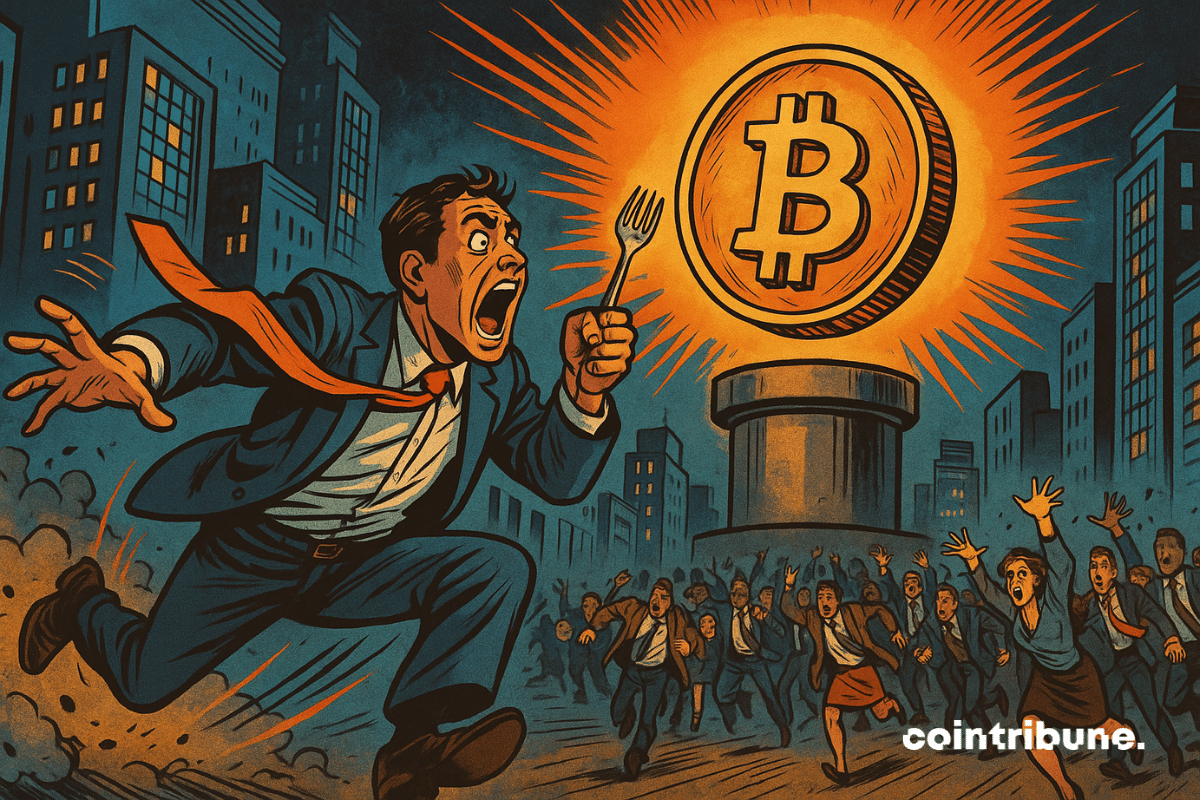 A man runs with a fork in his hand towards a huge, glowing Bitcoin suspended above a pedestal.