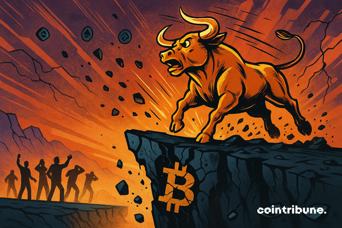 A majestic golden bull launched into a frantic race... stopped dead at the edge of a fractured precipice. The animal is frozen, one foreleg already dangling, the energy still present in its tense body, but the fall seems imminent, symbolizing the imminent end of the bull run and the traders' anxiety.