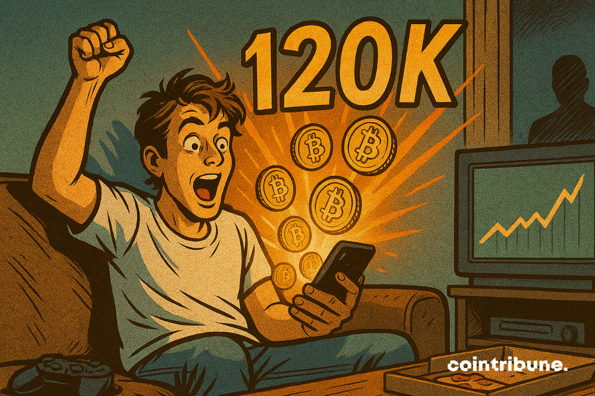 Hombre emocionado sosteniendo un teléfono con monedas de Bitcoin brillantes y "120K" encima en estilo cómic vintage.