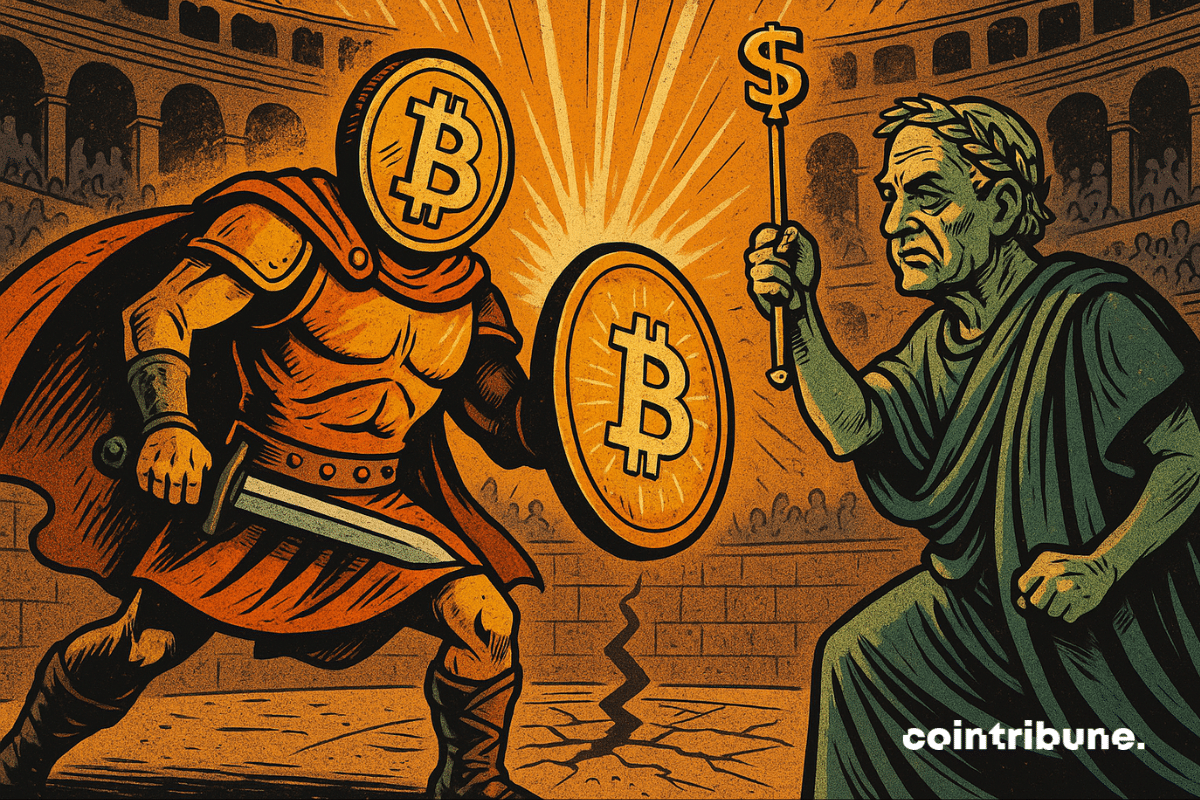 Un gladiateur avec un logo Bitcoin affronte un empereur romain