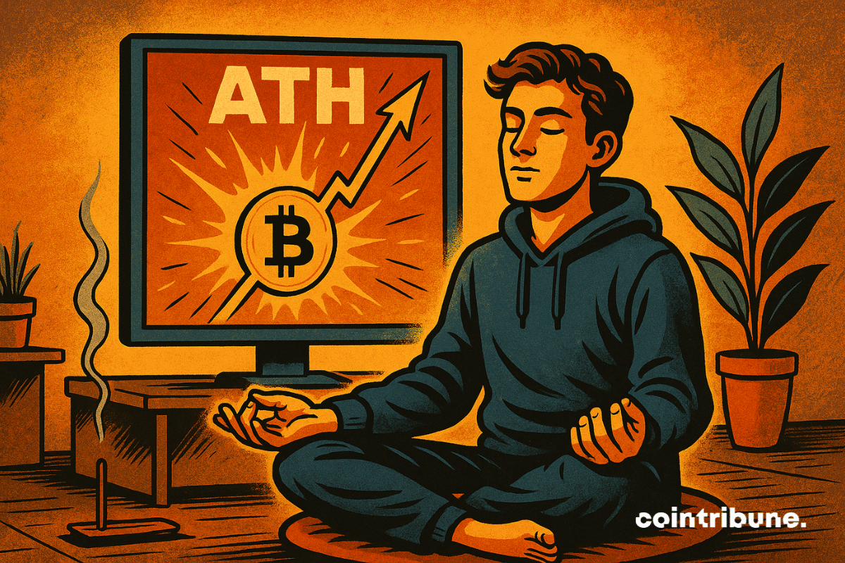 Un trader du Bitcoin assis en lotus, méditant devant un écran de trading en feu.