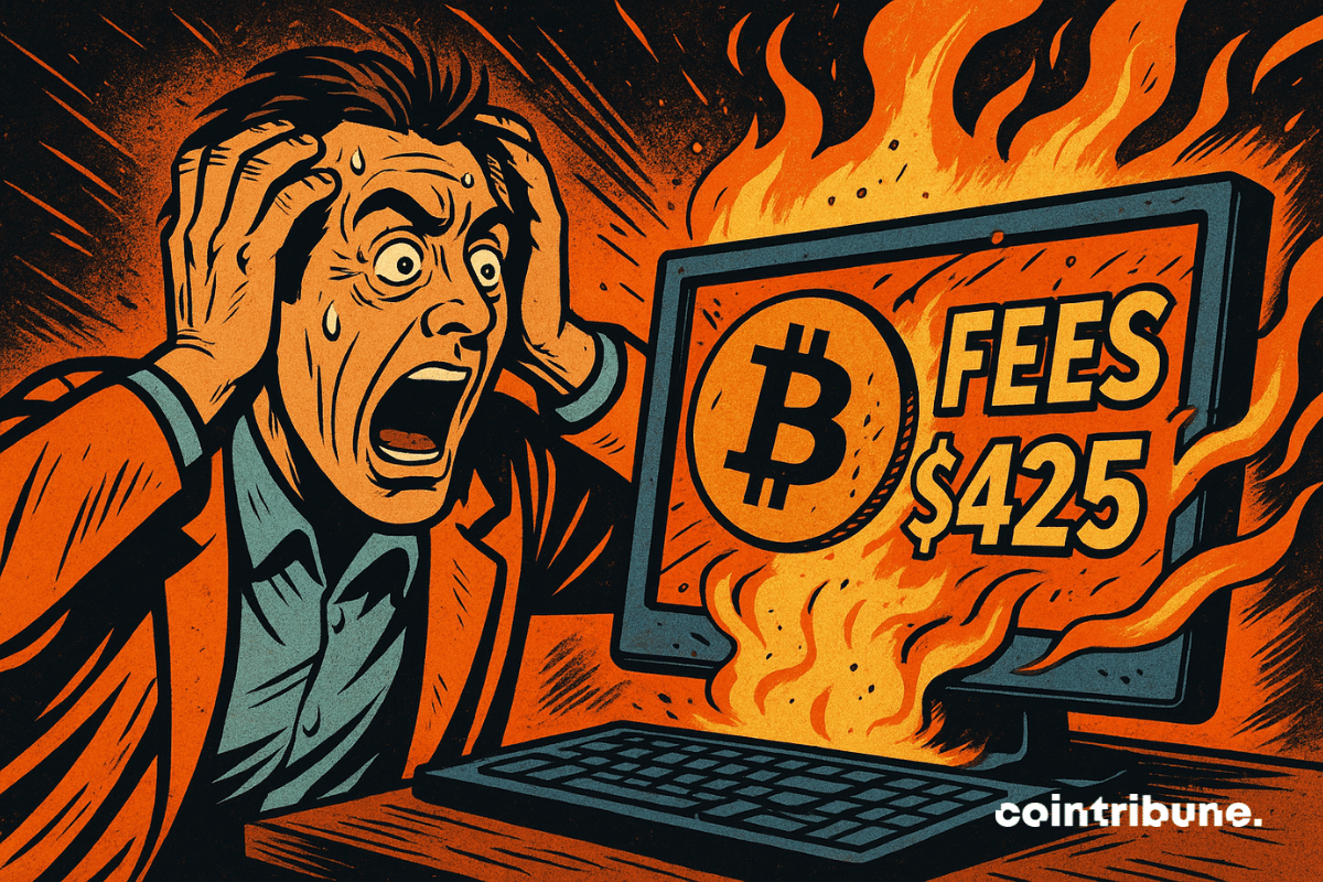 Illustration d'un homme, les mains sur la tête, crie de stupeur en regardant un écran d’ordinateur en flammes affichant le logo Bitcoin.