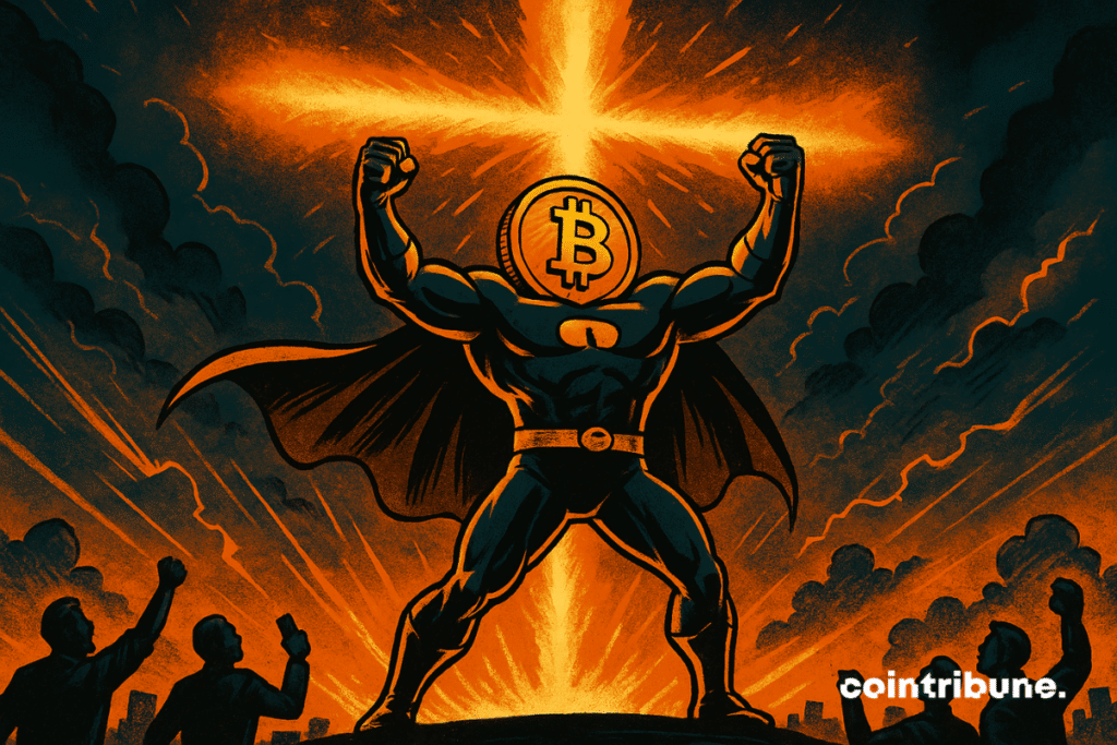 Le Bitcoin personnifié sous la forme d’un super-héros devant un "Golden Cross" en flammes.