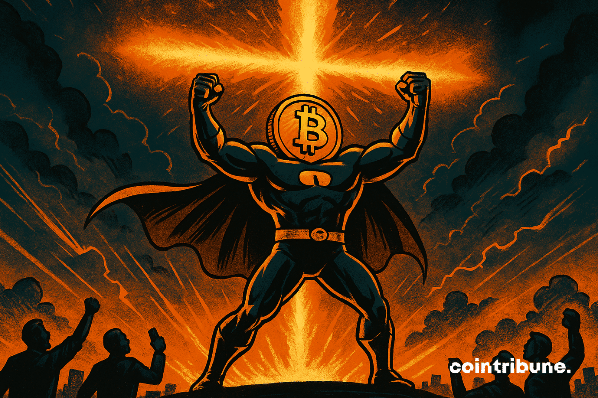 El Bitcoin personificado como un superhéroe.