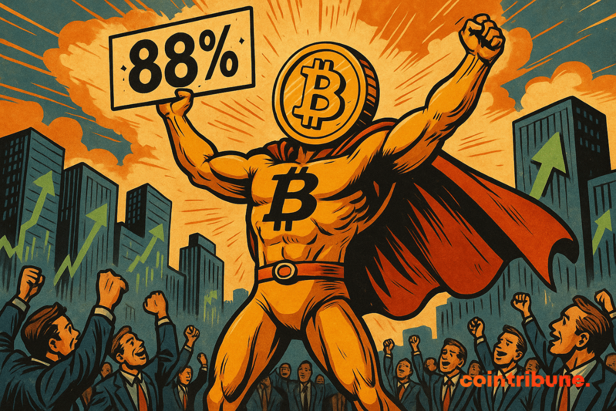L’image montre un super-héros à l’effigie de Bitcoin, musclé et triomphant, brandissant un panneau affichant “88%”