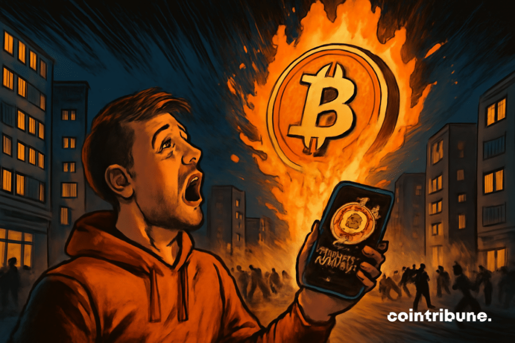 A gigantic golden Bitcoin coin erupts from the burning ground like a volcano. It dominates the scene, shooting flames and sparkling fragments into the sky.