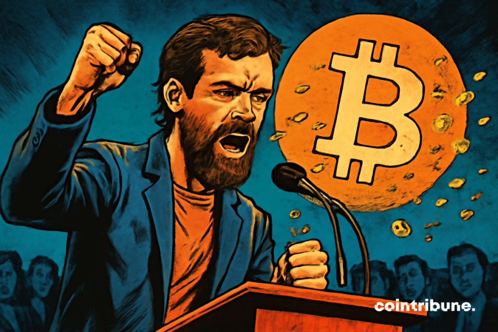 Illustration of Jack Dorsey with his fist raised, defending Bitcoin.