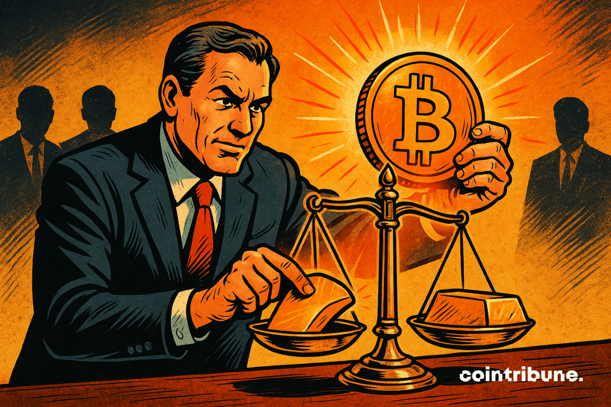 Illustration d'un homme d’affaires en costume, au regard déterminé, pèse un lingot d’or face à une pièce de bitcoin éclatante sur une balance ancienne.