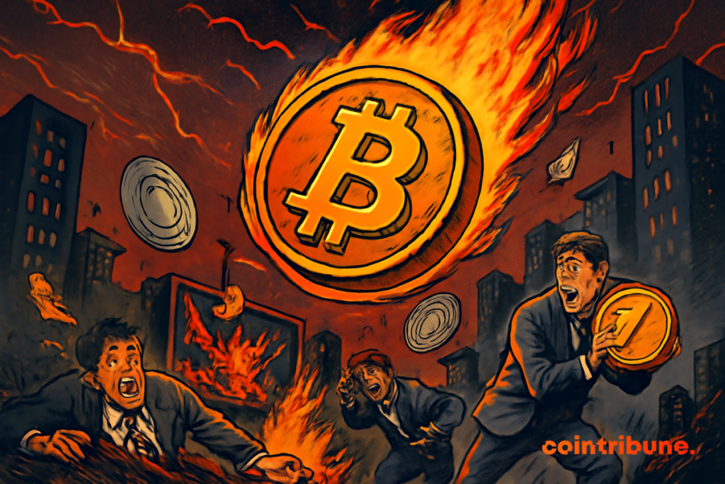 Illustration d'un bitcoin géant enflammé s’écrase sur une ville.