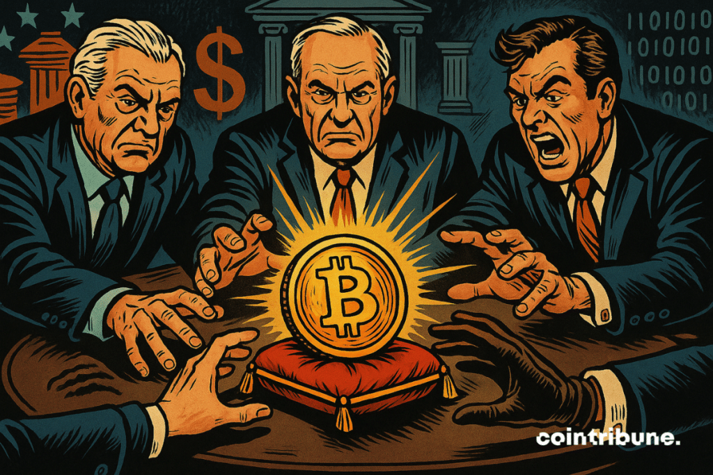 Représentation de trois hommes puissants en costume, qui se ruent sur une pièce géante de bitcoin