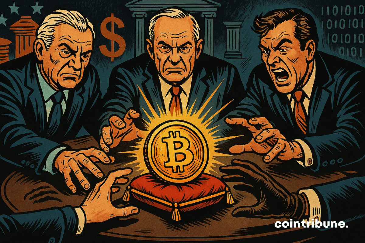 Représentation de trois hommes puissants en costume, qui se ruent sur une pièce géante de bitcoin