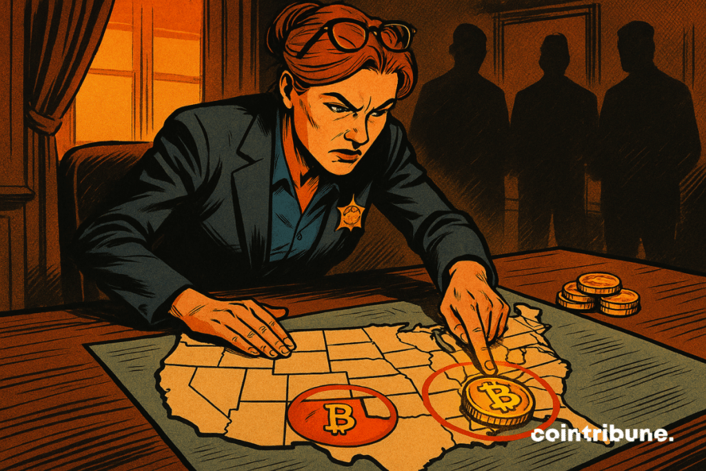 Une gouverneure déterminée pointe l’Arizona sur une carte des États-Unis, où brille un symbole Bitcoin entouré d’un cercle rouge.
