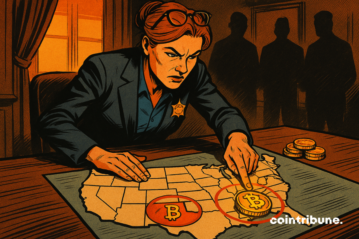 Une gouverneure déterminée pointe l’Arizona sur une carte des États-Unis, où brille un symbole Bitcoin entouré d’un cercle rouge.