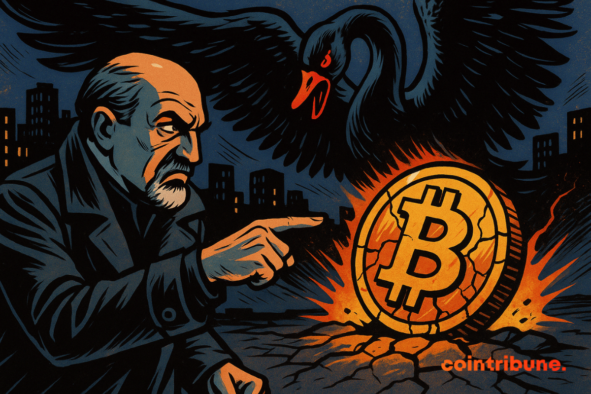 L’image montre un homme âgé en manteau sombre (représentant Taleb) pointant du doigt un Bitcoin fissuré