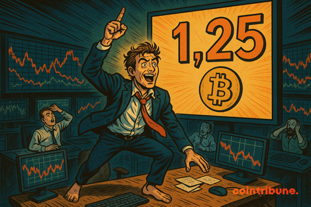 Trader standing on his desk, jacket open, tie floating, eyes wild.