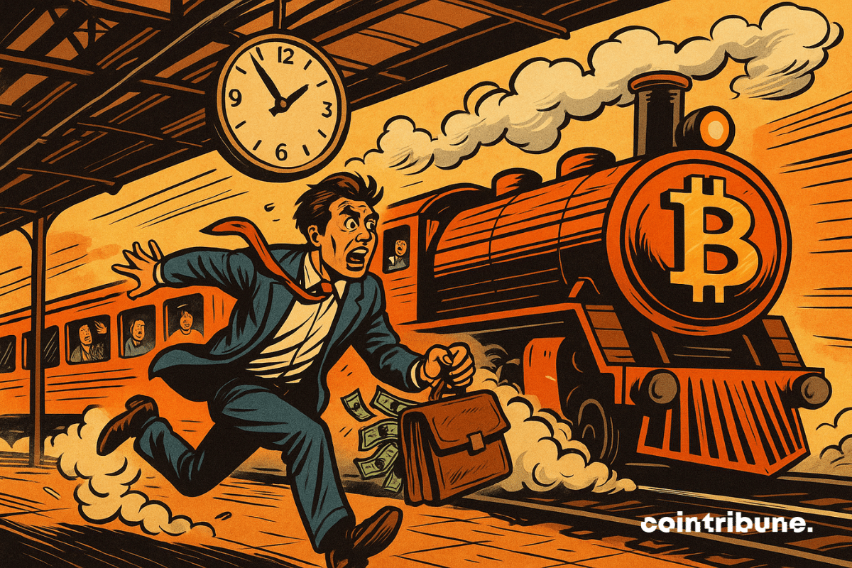 A Bitcoin train leaves the station. An investor runs behind the locomotive.